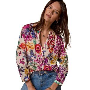Johnny Was Raglan Pintuck Blouse Floral Embroidered Trim Button Front Size S